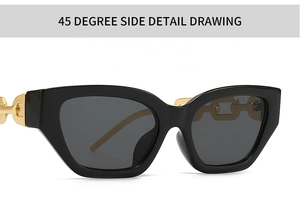 Detail view of stylish cat-eye sunglasses with unique gold metal chain temple design