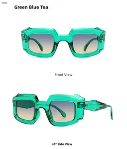 Front- und Seitenansicht der Retro-Polygon-Sonnenbrille mit grünblauen Rahmen und Teegläsern