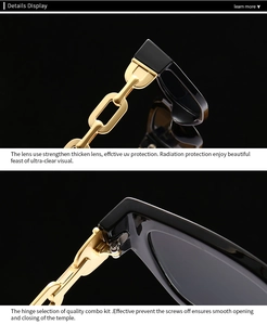 Detail of the golden chain temple design and durable hinge on these square sunglasses