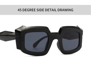 Detailansicht der schwarzen quadratischen Sonnenbrille mit geometrischem Rahmen und grauen Gläsern