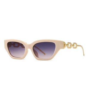 Retro beige cat eye sunglasses with gradient purple lenses and gold chain temples