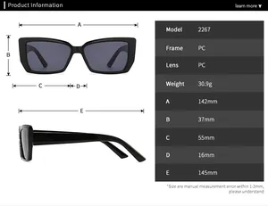 Detailed size specifications for retro rectangular sunglasses model 2267 with PC frame
