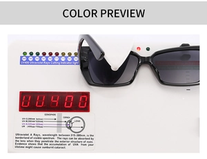 Detailed demonstration of UV400 protection on black rectangular sunglasses with dark lenses