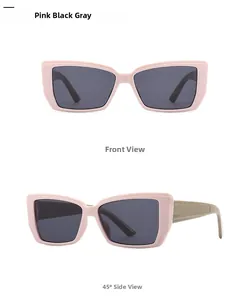 Front and 45-degree side views of pink rectangle sunglasses with dark gray lenses