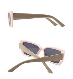 Side and back view of retro rectangle sunglasses in pink and tawny contrast frame