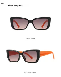 Detailed front and side view of black butterfly sunglasses with pink gradient lenses