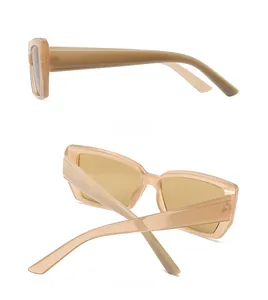 Side and back view of trendy rectangular light brown sunglasses with thick frames