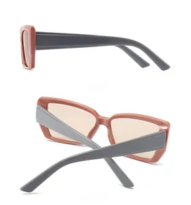 Detailed side and back view of rectangular clay pink sunglasses with dark grey temples