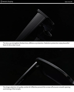 Detail of UV protection lenses and durable metal hinges on black butterfly sunglasses