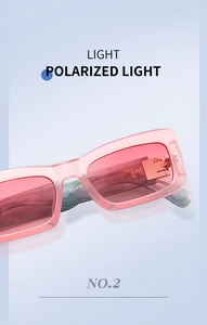 Détail des lunettes de soleil roses rectangulaires montrant la charnière et le verre polarisé