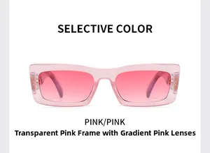 Détail de lunettes de soleil carrées roses transparentes avec verres dégradés roses