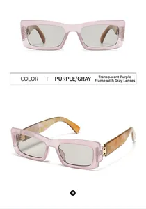 Détail de lunettes de soleil rectangulaires étroites avec monture mauve et verres gris