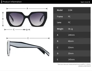 Detailed sizing chart and technical dimensions for these PC frame sunglasses