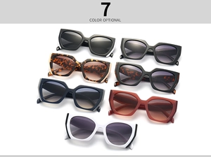 Detailed view of seven oversized geometric sunglasses with thick frames and gradient lenses