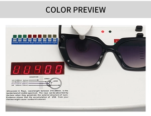 UV400 test showing black cat eye sunglasses effectively blocking ultraviolet radiation