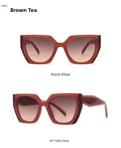 Front and 45-degree side view of cat-eye sunglasses with gradient brown tea lenses