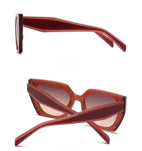 Side and back view details of rectangular burgundy oversized fashion sunglasses