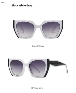 Front and 45-degree views of retro black and white geometric oversized sunglasses