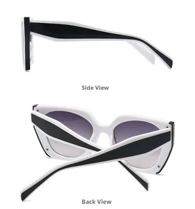 Side and back view of oversized two-tone black and white sunglasses with purple gradient lenses