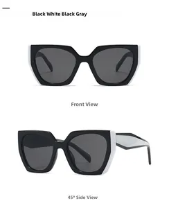 Front and 45-degree side views of retro oversized black and white patchwork sunglasses