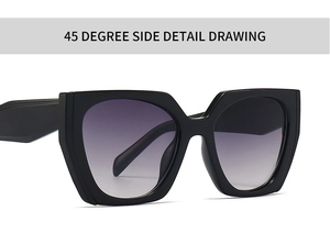 Detailed side view of black geometric oversized sunglasses with purple gradient lenses