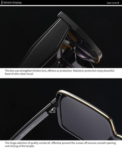 Close-up of black oversized sunglasses showing sturdy metal hinges and temple specs