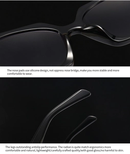 Detail of silicone nose pads and anti-slip ergonomic temples on black glossy glasses