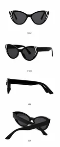 Vues détaillées des lunettes de soleil œil-de-chat noires avec accents argentés