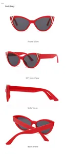 Vues détaillées des lunettes œil-de-chat rouges avec verres gris et accents argentés