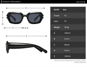 Detailed size chart for square sunglasses showing frame dimensions and PC material specs