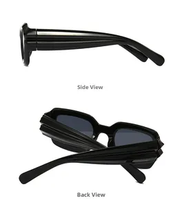Detail view of black square sunglasses featuring unique 3D ribbed temples for a modern look