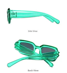 Detailed side and back views of mint green rectangle sunglasses with textured frames