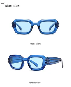 Modern thick rectangular blue sunglasses showing front and 45-degree side view