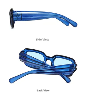 Side and back view of blue transparent rectangular sunglasses showing temple textures