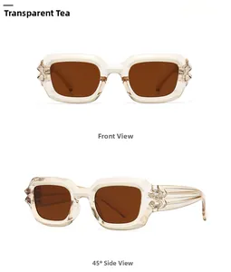 Front and 45-degree side view of modern square sunglasses in transparent tea finish