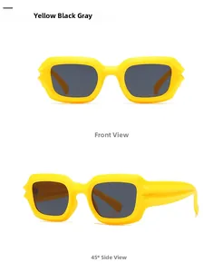 Front and 45-degree side views of modern yellow thick-frame sunglasses with dark lenses