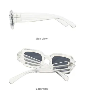 Detail view of transparent sunglasses with textured temples and dark grey lenses