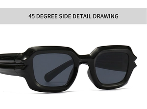 45-degree side view of black geometric sunglasses showing striped temple texture
