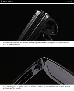 Detail display of reinforced metal hinges and UV protection lenses on black sunglasses
