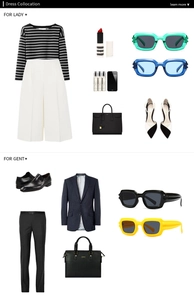 Flat lay of modern sunglasses with fashion outfits and accessories for men and women