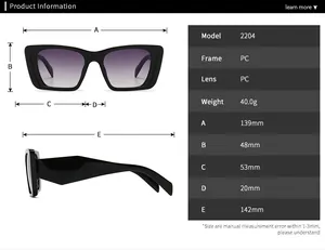 Tableau des tailles détaillé des lunettes de soleil 2204 avec dimensions et spécifications