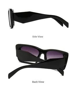 Détail de lunettes de soleil noires carrées avec branches larges et verres dégradés violets