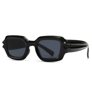 Modern square black thick frame sunglasses with unique triangular temple hinges for women