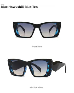 Détail de lunettes de soleil œil-de-chat modernes avec accents écailles bleues et verres dégradés