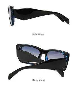 Vues détaillées latérale et arrière de lunettes de soleil noires avec intérieur marbré bleu