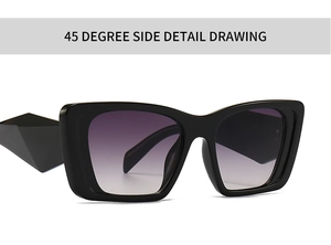 Détail de lunettes de soleil rectangulaires noires avec verres dégradés violets et branches