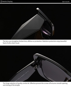 Détail des charnières et des verres de qualité supérieure sur lunettes de soleil noires