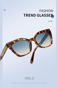 Détail de lunettes de soleil œil de chat écaillé avec verres dégradés bleus et chaîne dorée