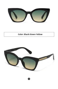 Détails de lunettes de soleil rétro monture noire avec branches en chaîne dorée