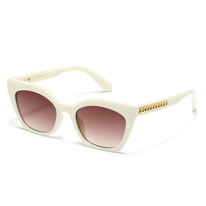 Lunettes de soleil rétro à dessus plat blanc crème avec branches chaîne dorée et verres bruns
